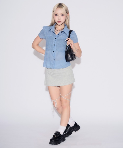 tinkerend（ティンカーエンド）の「Leg Ribbon Sweat Mini Skirt Pants / レッグリボンスウェットミニスカートパンツ（スカート・レディース・グレー・FREE）」の7枚目の写真