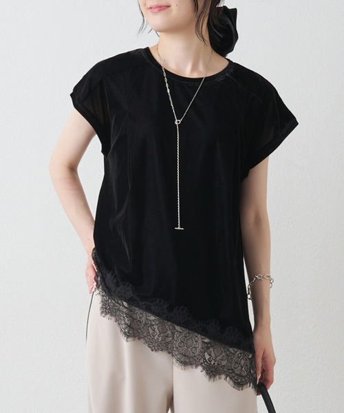 PUAL CE CIN(ピュアルセシン)の「レースヘムシアーベロアTシャツ(Tシャツ/カットソー・レディース・ブラック/ダークブラウン・MEDIUM)」の2枚目の写真