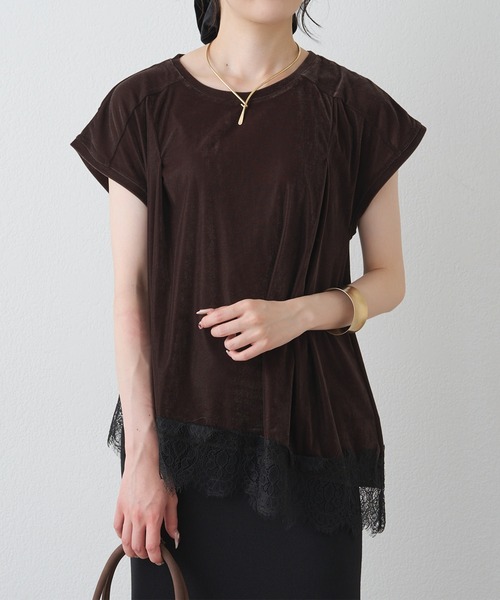 PUAL CE CIN(ピュアルセシン)の「レースヘムシアーベロアTシャツ(Tシャツ/カットソー・レディース・ブラック/ダークブラウン・MEDIUM)」の10枚目の写真