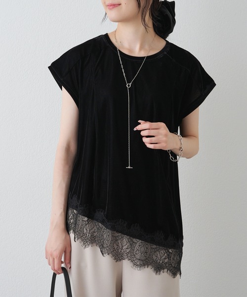 PUAL CE CIN(ピュアルセシン)の「レースヘムシアーベロアTシャツ(Tシャツ/カットソー・レディース・ブラック/ダークブラウン・MEDIUM)」の3枚目の写真