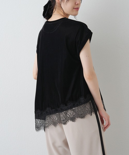 PUAL CE CIN(ピュアルセシン)の「レースヘムシアーベロアTシャツ(Tシャツ/カットソー・レディース・ブラック/ダークブラウン・MEDIUM)」の6枚目の写真