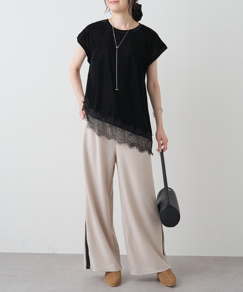 PUAL CE CIN(ピュアルセシン)の「レースヘムシアーベロアTシャツ(Tシャツ/カットソー・レディース・ブラック/ダークブラウン・MEDIUM)」の7枚目の写真