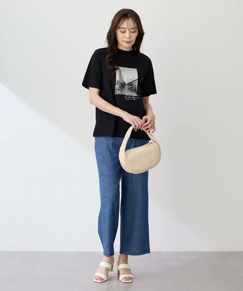 A/C DESIGN BY ALPHA CUBIC(エーシーデザインバイアルファキュービック)の「【ALCOLLAGEプリント】フォトプリントモックネックTシャツ【すごツヤ・UVカット・接触冷感】(Tシャツ/カットソー・レディース・ブラック/オフホワイト/グリーン・M/L/LL/3L)」の11枚目の写真