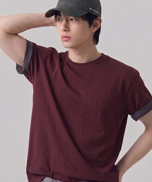 [クロップ] レイヤードロールアップ半袖Tシャツ (VS0301) バーガンディ