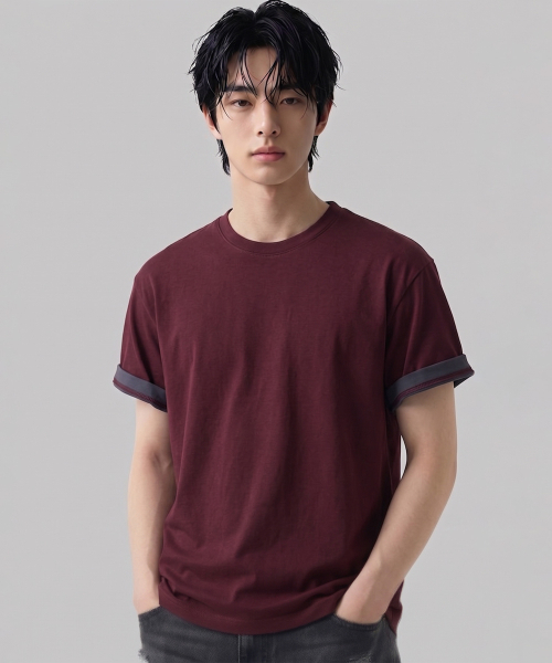 VANNWORKS（バンワークス）の「[クロップ] レイヤードロールアップ半袖Tシャツ (VS0301) バーガンディ（Tシャツ/カットソー・メンズ・その他・MEDIUM/LARGE/X-LARGE）」の5枚目の写真