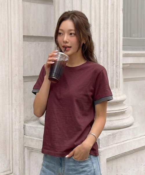 VANNWORKS（バンワークス）の「[クロップ] レイヤードロールアップ半袖Tシャツ (VS0301) バーガンディ（Tシャツ/カットソー・メンズ・その他・MEDIUM/LARGE/X-LARGE）」の7枚目の写真