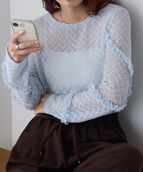 BONLECILL(ボンルシール)の「シアーチェックウェーブフリルシアーロンT(Tシャツ/カットソー・レディース・オレンジ/ブラック/ブルー/アイボリー・FREE)」の3枚目の写真