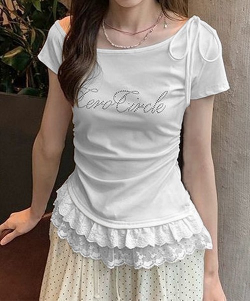 Miniministore(ミニミニストア)の「オフショルTロゴtシャツ肩リボントップス(Tシャツ/カットソー・レディース・ホワイト/ブラック/グレー・FREE)」の2枚目の写真