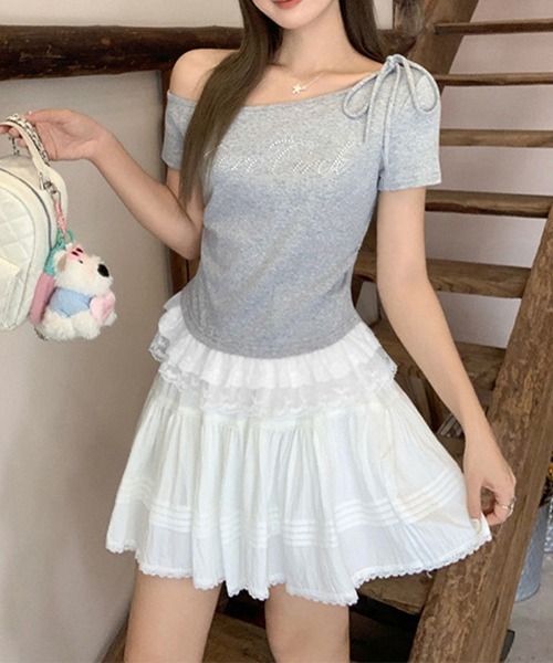 Miniministore(ミニミニストア)の「オフショルTロゴtシャツ肩リボントップス(Tシャツ/カットソー・レディース・ホワイト/ブラック/グレー・FREE)」の16枚目の写真
