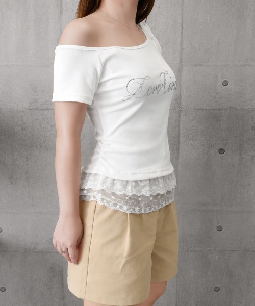 Miniministore(ミニミニストア)の「オフショルTロゴtシャツ肩リボントップス(Tシャツ/カットソー・レディース・ホワイト/ブラック/グレー・FREE)」の8枚目の写真