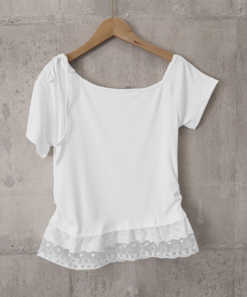 Miniministore(ミニミニストア)の「オフショルTロゴtシャツ肩リボントップス(Tシャツ/カットソー・レディース・ホワイト/ブラック/グレー・FREE)」の5枚目の写真