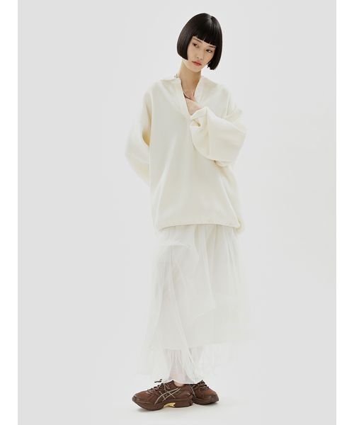 emmi(エミ)の「ラガーニットトップス×チュールタックスカートセット(ワンピース・レディース・オフホワイト/ダークネイビー・0/1)」の3枚目の写真