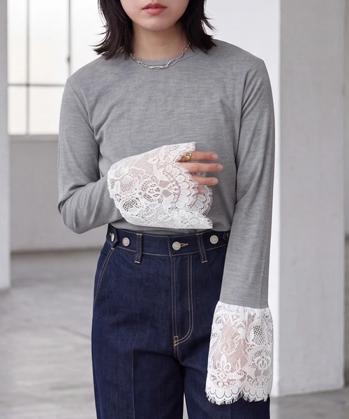SELECT LEVERY(セレクトリベリー)の「異素材袖レースリブプルオーバー(Tシャツ/カットソー・レディース・ブラック/オフホワイト/グレー・FREE)」の3枚目の写真