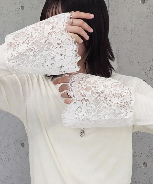 SELECT LEVERY(セレクトリベリー)の「異素材袖レースリブプルオーバー(Tシャツ/カットソー・レディース・ブラック/オフホワイト/グレー・FREE)」の2枚目の写真
