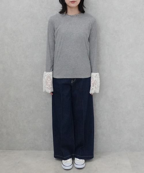 SELECT LEVERY(セレクトリベリー)の「異素材袖レースリブプルオーバー(Tシャツ/カットソー・レディース・ブラック/オフホワイト/グレー・FREE)」の5枚目の写真