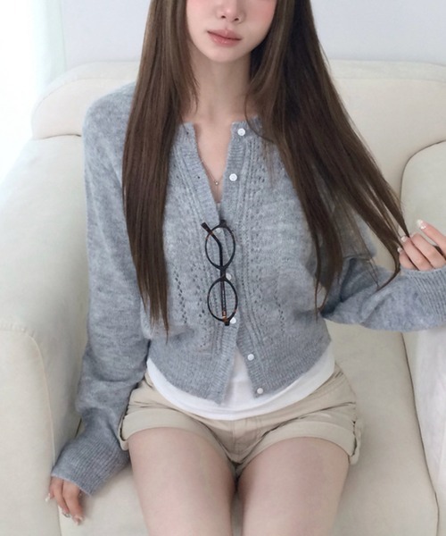 LOENNE(ロエヌ)の「Openwork Knit Cardigan / 透かし編みニットカーディガン(ニット/セーター・レディース・グリーン/グレー/アイボリー・FREE)」の2枚目の写真