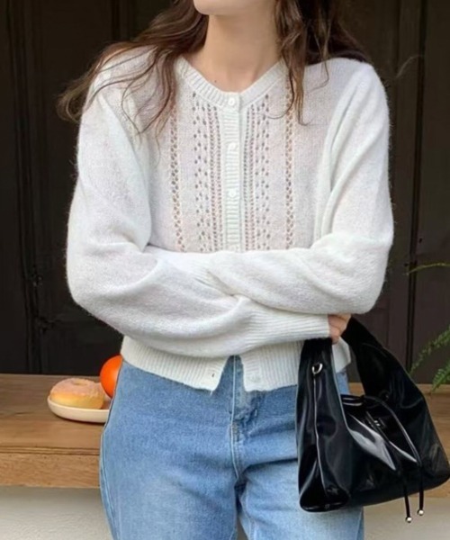 LOENNE(ロエヌ)の「Openwork Knit Cardigan / 透かし編みニットカーディガン(ニット/セーター・レディース・グリーン/グレー/アイボリー・FREE)」の4枚目の写真
