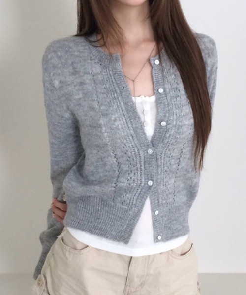 LOENNE(ロエヌ)の「Openwork Knit Cardigan / 透かし編みニットカーディガン(ニット/セーター・レディース・グリーン/グレー/アイボリー・FREE)」の14枚目の写真