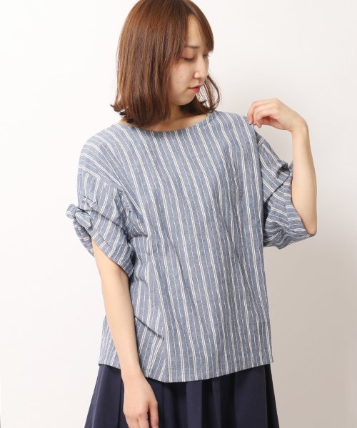 LBC(エルビーシー)の「コットン強撚ストライプブラウス(シャツ/ブラウス・レディース・オフホワイト/ネイビー・LARGE/MEDIUM/L/M)」の1枚目の写真