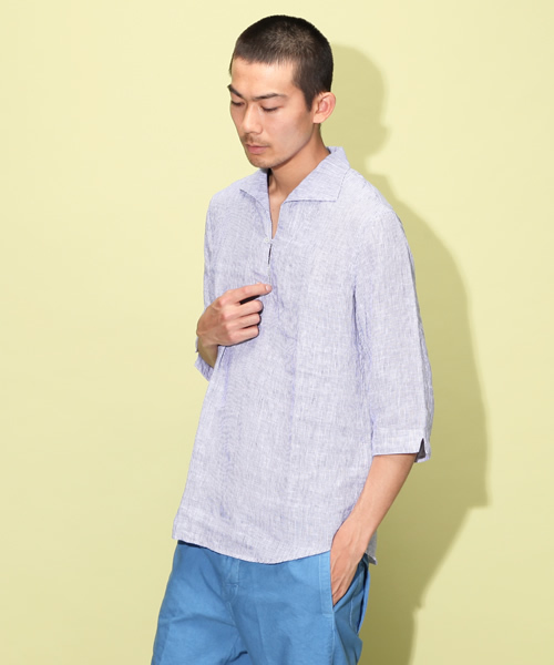 チッペンデール様 UNITED ARROWS ブルー リネン カプリシャツ UNITED ARROWS(ユナイテッドアローズ)の「UA リネンストライプ