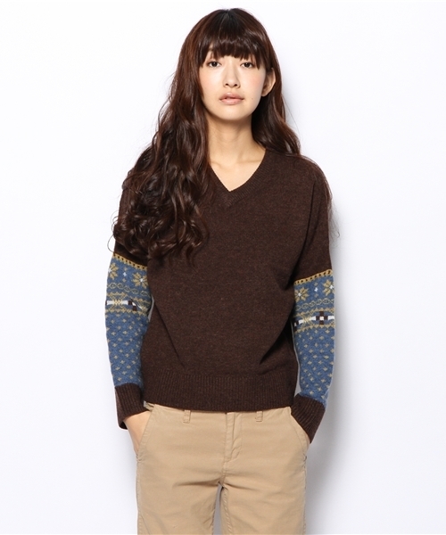 BEAMS BOY（ビームスボーイ）の「□BEAMS BOY / 5ゲージ 袖フェアアイル Vネック（ニット/セーター・レディース・ライトグレー/ブラウン/ネイビー・ONE SIZE）」の10枚目の写真