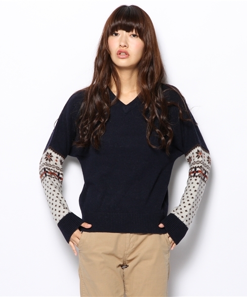 BEAMS BOY（ビームスボーイ）の「□BEAMS BOY / 5ゲージ 袖フェアアイル Vネック（ニット/セーター・レディース・ライトグレー/ブラウン/ネイビー・ONE SIZE）」の3枚目の写真