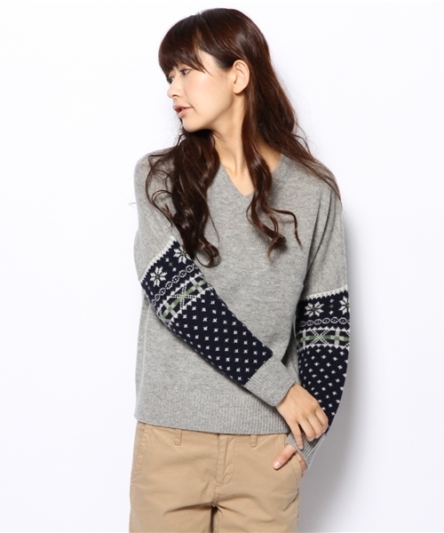 BEAMS BOY（ビームスボーイ）の「□BEAMS BOY / 5ゲージ 袖フェアアイル Vネック（ニット/セーター・レディース・ライトグレー/ブラウン/ネイビー・ONE SIZE）」の2枚目の写真