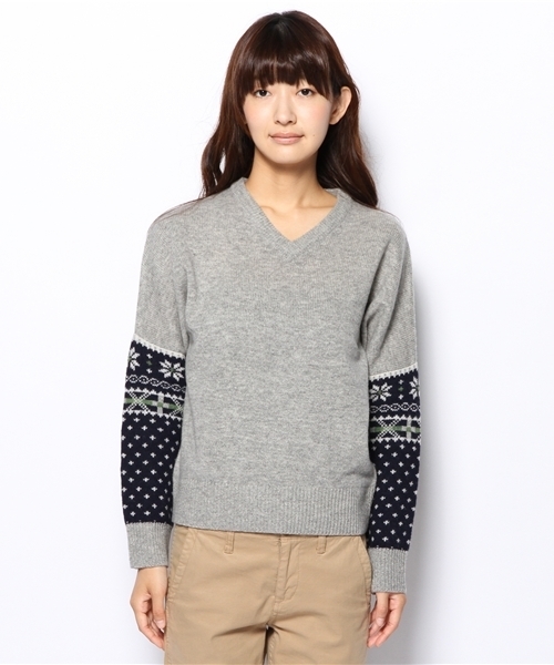BEAMS BOY（ビームスボーイ）の「□BEAMS BOY / 5ゲージ 袖フェアアイル Vネック（ニット/セーター・レディース・ライトグレー/ブラウン/ネイビー・ONE SIZE）」の4枚目の写真