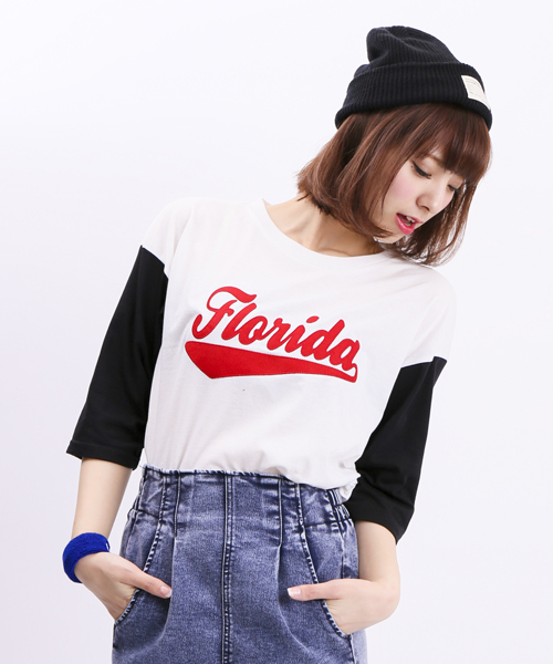 WEGO(ウィゴー)の「WEGO/ワッペン切替7分袖Tシャツ(Tシャツ/カットソー・レディース・ホワイト系その他/グリーン/ネイビー/オフホワイト・FREE)」の3枚目の写真