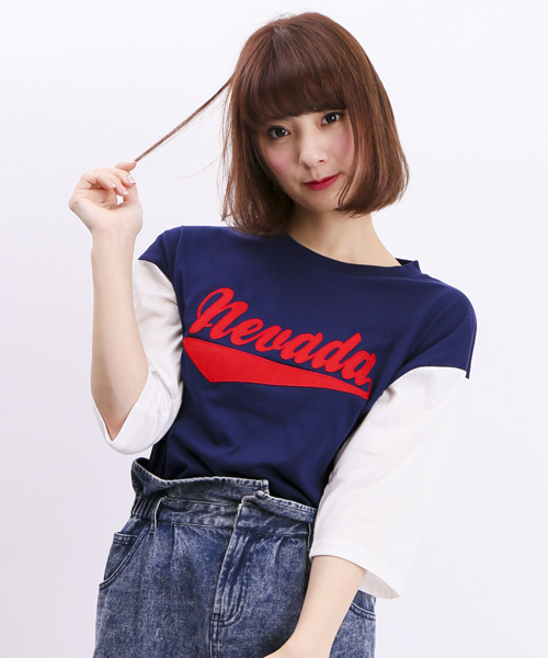 WEGO(ウィゴー)の「WEGO/ワッペン切替7分袖Tシャツ(Tシャツ/カットソー・レディース・ホワイト系その他/グリーン/ネイビー/オフホワイト・FREE)」の4枚目の写真