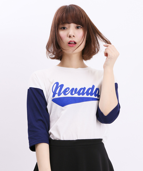 WEGO(ウィゴー)の「WEGO/ワッペン切替7分袖Tシャツ(Tシャツ/カットソー・レディース・ホワイト系その他/グリーン/ネイビー/オフホワイト・FREE)」の2枚目の写真