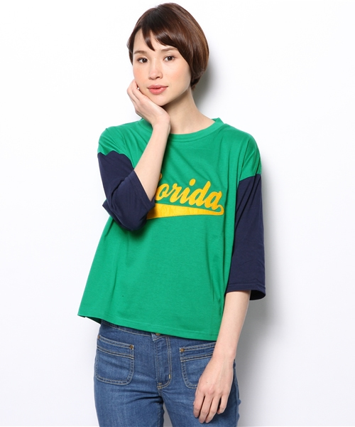 WEGO(ウィゴー)の「WEGO/ワッペン切替7分袖Tシャツ(Tシャツ/カットソー・レディース・ホワイト系その他/グリーン/ネイビー/オフホワイト・FREE)」の1枚目の写真