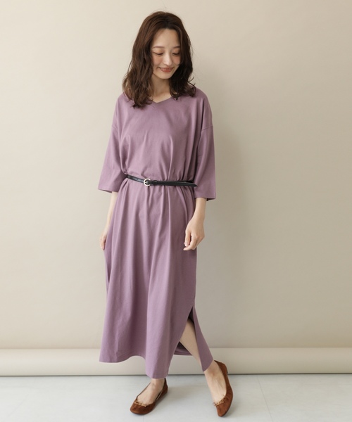 earth music&ecology（アースミュージックアンドエコロジー）の「8col オーガニックコットンVネックワンピース ＊（ワンピース・レディース・ブラック/パープル/ブラウン/グリーン/ボルドー/マスタード/ダークブルー/ダークベージュ・FREE）」の7枚目の写真