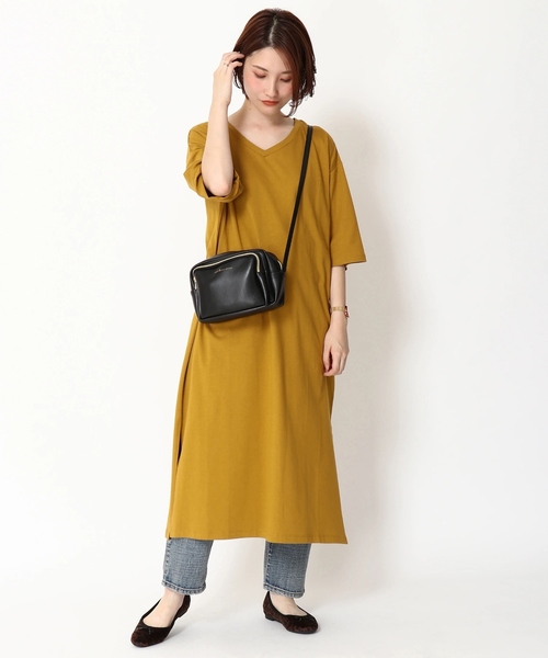 earth music&ecology（アースミュージックアンドエコロジー）の「8col オーガニックコットンVネックワンピース ＊（ワンピース・レディース・ブラック/パープル/ブラウン/グリーン/ボルドー/マスタード/ダークブルー/ダークベージュ・FREE）」の8枚目の写真