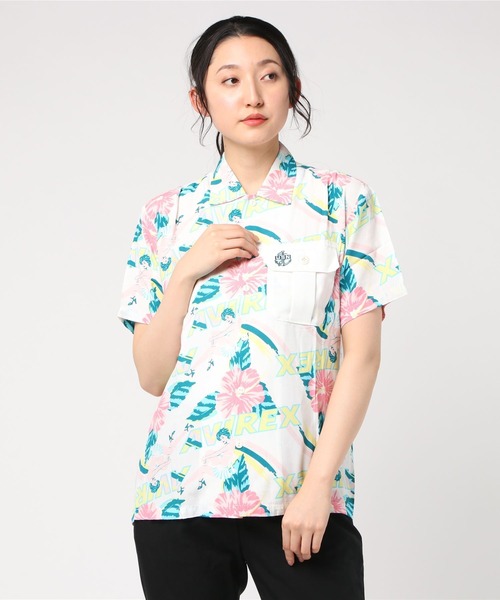 【美品】AVIREX アヴィレックス アロハシャツ 総柄 アロハガール 美品】AVIREX アヴィレックス アロハシャツ 総柄 アロハガール