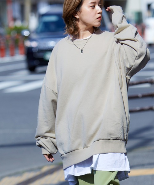 MONO-MART（モノマート）の「バイオフェード加工裏毛ビッグシルエットプルオーバースウェット（スウェット・メンズ・スモークピンク/ベージュ系その他/オリーブ/ダークグリーン/ライラック/ブラウン/ブラック/グリーン系その他/サックスブルー/ベージュ/ホワイト/ブルー系その他2/ブルー系その他/杢グレー・L/S/M/XL）」の7枚目の写真