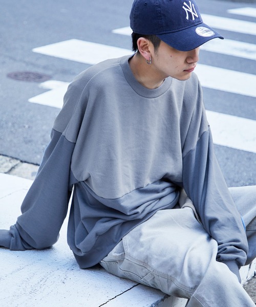 MONO-MART（モノマート）の「バイオフェード加工裏毛ビッグシルエットプルオーバースウェット（スウェット・メンズ・スモークピンク/ベージュ系その他/オリーブ/ダークグリーン/ライラック/ブラウン/ブラック/グリーン系その他/サックスブルー/ベージュ/ホワイト/ブルー系その他2/ブルー系その他/杢グレー・L/S/M/XL）」の11枚目の写真