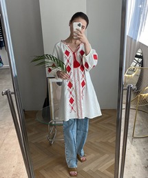 ワンピース mexico tunic one-piece メキシコ 花柄刺繍 チュニック ワンピース 緑 - Sixpacjoe Web Shop