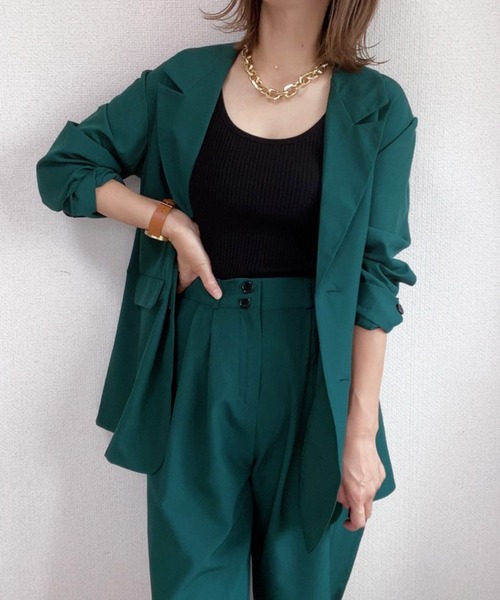 ECRIRE(エクリール)の「ロングジャケット+2タックロングパンツ セットアップ(テーラードジャケット・レディース・ブラック/グレー/ライトグリーン/サンドグレー/ダークグリーン/ブラウン・フリー)」の5枚目の写真