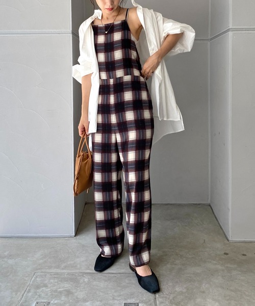 CAPRICIEUX LE'MAGE(カプリシューレマージュ)の「チェックキャミロンパース(サロペット/オーバーオール・レディース・グリーン/レッド・FREE)」の1枚目の写真