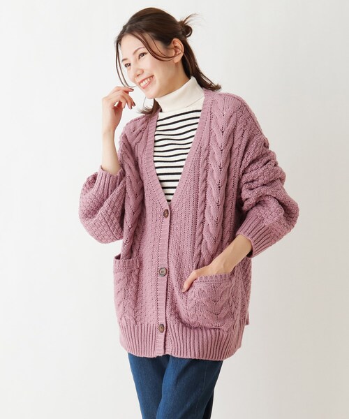 SHOO・LA・RUE(シューラルー)の「◆ざっくりカノコケーブルカーディガン(カーディガン/ボレロ・レディース・ライトブルー/ダークグリーン/アイボリー/サンドベージュ/マスタード/グレー系その他/ライトパープル/ダークブラウン系3/レモンイエロー/ライトグリーン/ライトグレー/ブラック・00)」の10枚目の写真