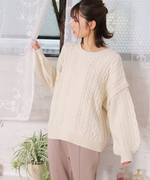 Honeys（ハニーズ）の「ケーブル編ニット（ニット/セーター・レディース・ライトグリーン/ベージュ/モカ/アイボリー/ブルー系その他/オレンジ・L/LL/S/M）」の7枚目の写真