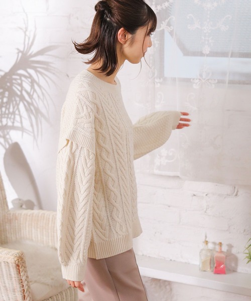 Honeys（ハニーズ）の「ケーブル編ニット（ニット/セーター・レディース・ライトグリーン/ベージュ/モカ/アイボリー/ブルー系その他/オレンジ・L/LL/S/M）」の12枚目の写真