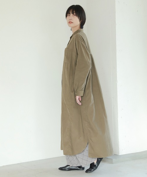 leleleカーキベージュ1 セール】コーデュロイノーカラーワンピース / 218788（シャツ