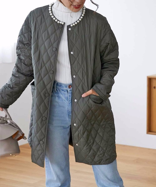 M y u（ミュー）の「襟パール中綿キルティングライトコート（ダウンジャケット/コート・レディース・ブラック/カーキ・FREE）」の7枚目の写真