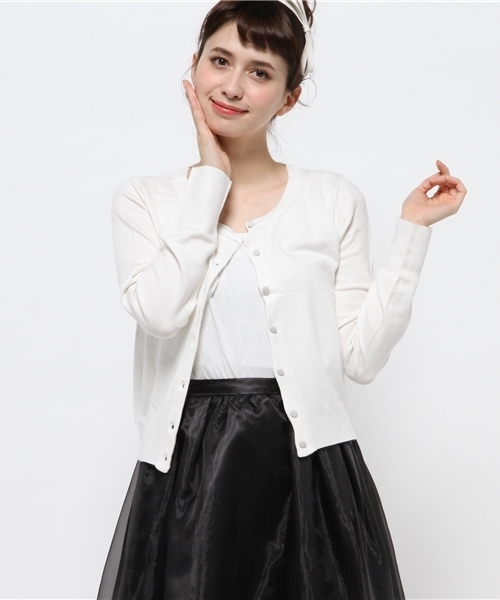 merry jenny(メリージェニー)の「H/G ビスコースクルーカーデ(カーディガン/ボレロ・レディース・ピンク/オフホワイト/ホワイト×レッド/ブラック/ブラック×ホワイト/グレー/ネイビー/ラベンダー・FREE)」の2枚目の写真