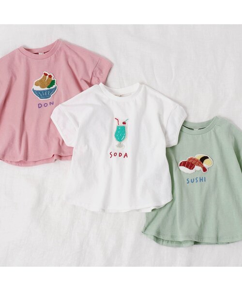 apres les cours（アプレレクール）の「3柄食べ物ワッペンTシャツ（Tシャツ/カットソー・キッズ・ミント/ピンク/オフホワイト・130/80/120/140/90/100/110）」の4枚目の写真