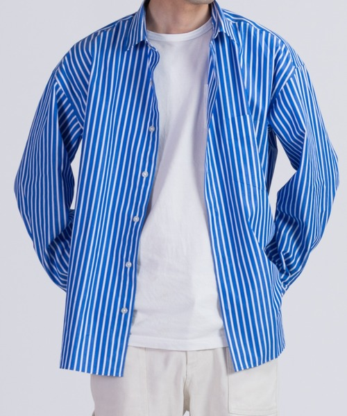 BRICK & SONS(ブリックアンドサンズ)の「リラックスバックプリーツシャツ<ブルーワイドストライプ>(シャツ/ブラウス・メンズ・ブルー・LL/S/M/L)」の6枚目の写真