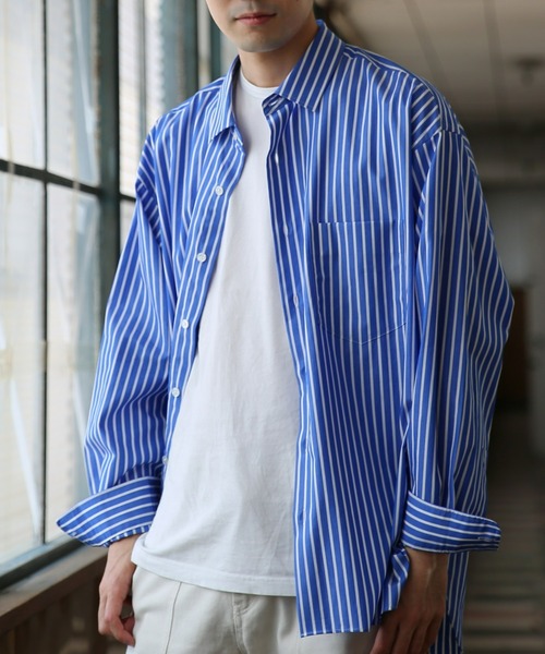BRICK & SONS(ブリックアンドサンズ)の「リラックスバックプリーツシャツ<ブルーワイドストライプ>(シャツ/ブラウス・メンズ・ブルー・LL/S/M/L)」の4枚目の写真