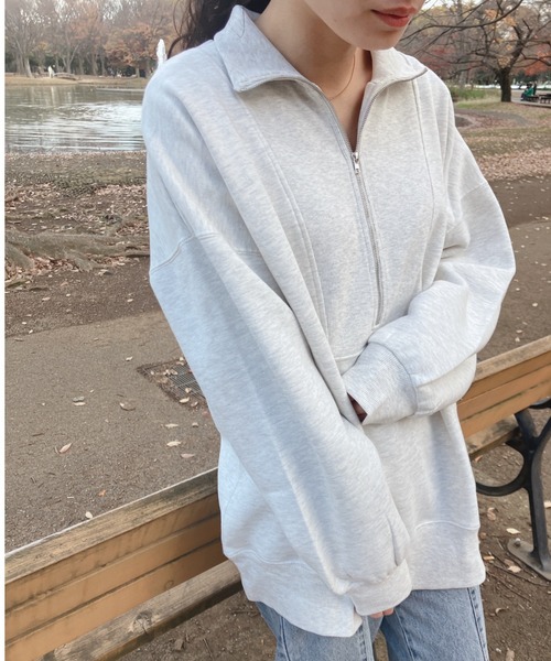 AS KNOW AS plus（アズノゥアズプラス）の「♪ハーフジップ スウェット プルオーバー　【2023AWアイテム】（スウェット・レディース・ブラック/ブルーグレー/オートミール/キナリ/ブラック系/カーキ系/アイボリー系/ネイビー系・FREE）」の6枚目の写真